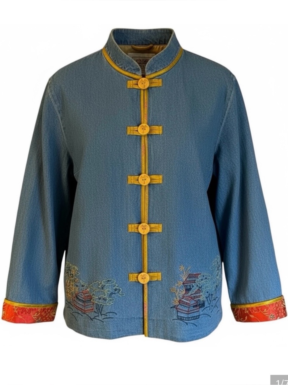 Hearts of Palm Lightweight Denim Blue Embroidery Mandarin Collar Jacket Size 14